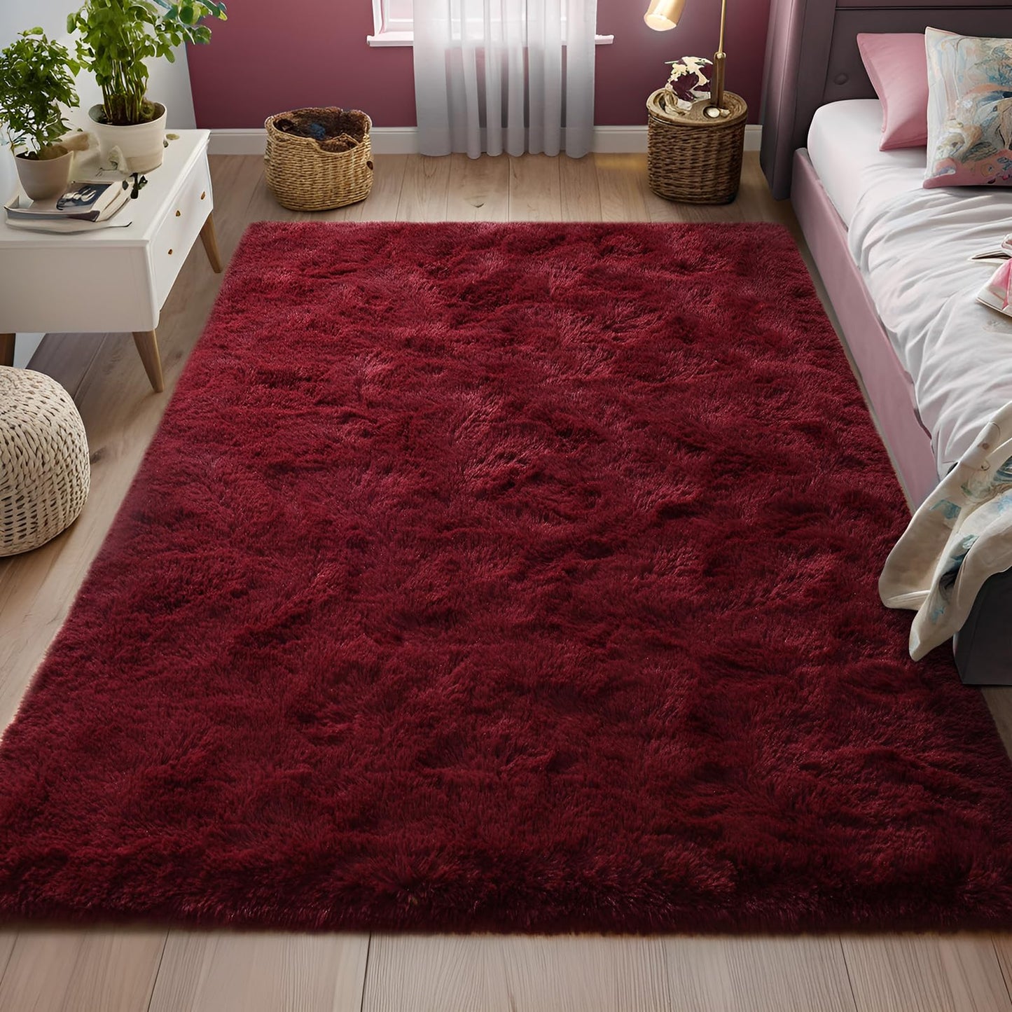 FALARK Fluffy Burgundy Red 8x10 Large Area Rugs for Living Room, Soft Plush Dark Red Rug for Living Room Decor, Big Shaggy Floor Carpet, Thick Non Slip Rectangle Carpets for Home Decor
