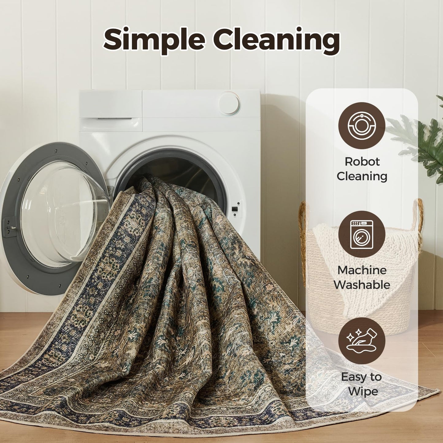WITSHOCK 7x9 Area Rugs for Living Room: Boho Modern Dark Vintage Traditional Distressed, Washable Low Pile Non-Slip Carpet for Dining Room Bedroom Nursery Kids Playroom, Brown Olive Green