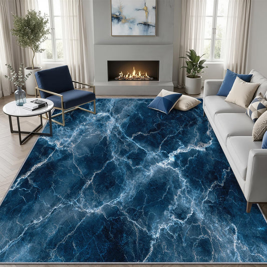 Aquailis Marble Rugs for Bedroom - Blue Marble Rug, 3x4 Rug, Modern Abstract Area Rug, Abstract Luxury Washable Non Slip Rugs, Contemporary Carpet - Home Decor, Modern Gifts for Men