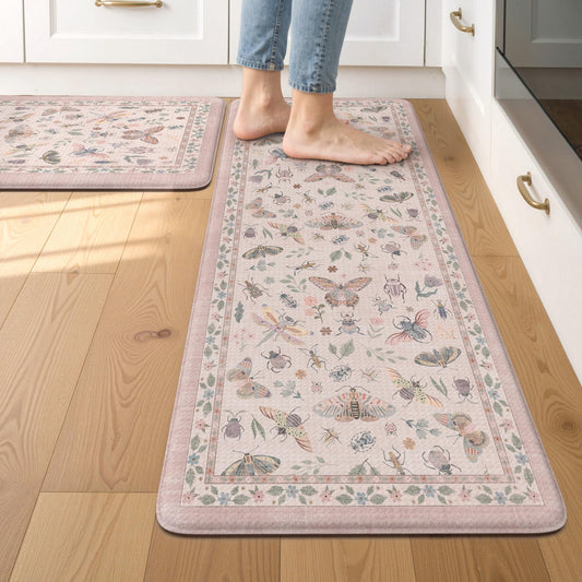 LEEVAN Anti Fatigue Mats for Kitchen Floor Non-Slip, Cushioned Kitchen Mats for Floor 2 Piece, Pink Memory Foam Kitchen Mat Set, Waterproof Ergonomic Standing Mat for Bar, Office,Desk, Laundry