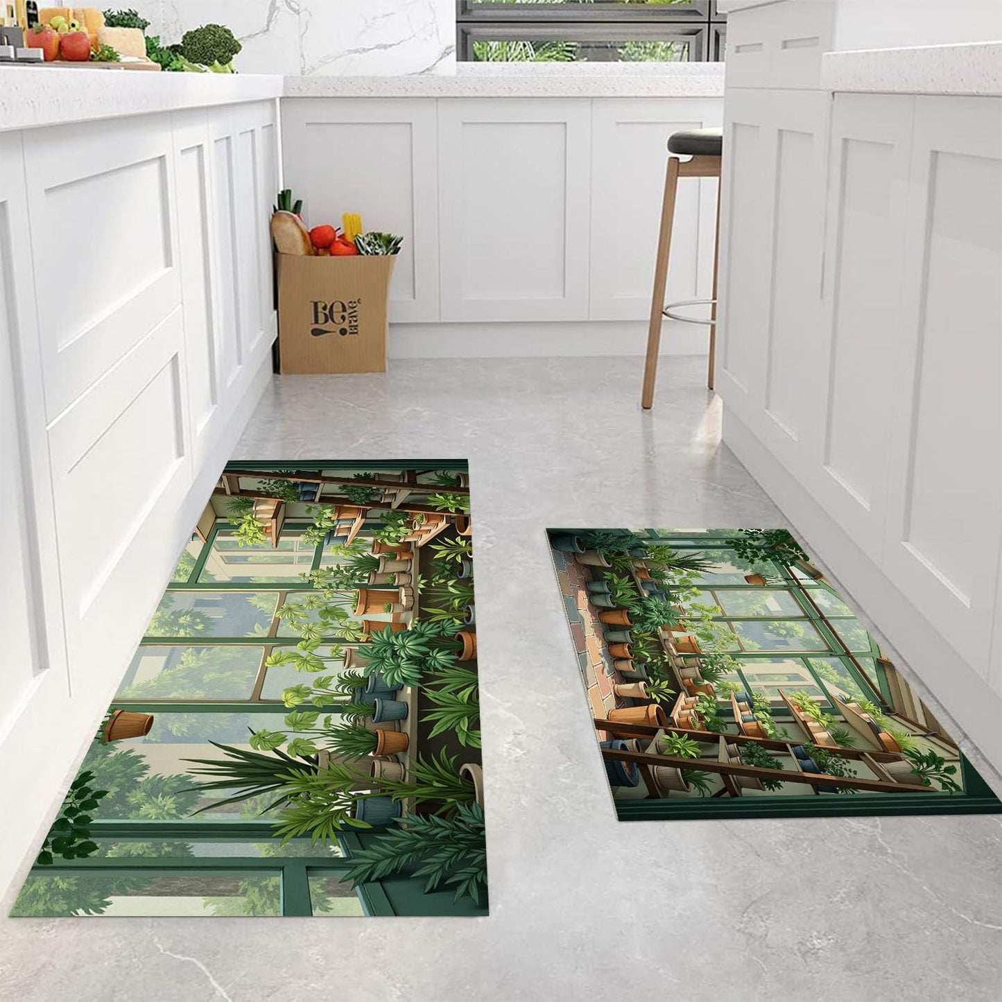 Greenhouse Potted Plants Kitchen Rug, Waterproof Non-Slip Realistic Green Plants 2PCS Kitchen Floor Mat, Anti-Fatigue Standing Green Mats and Rugs Set, for Home Sink Laundry Hallway 20"x59"+20"x31"