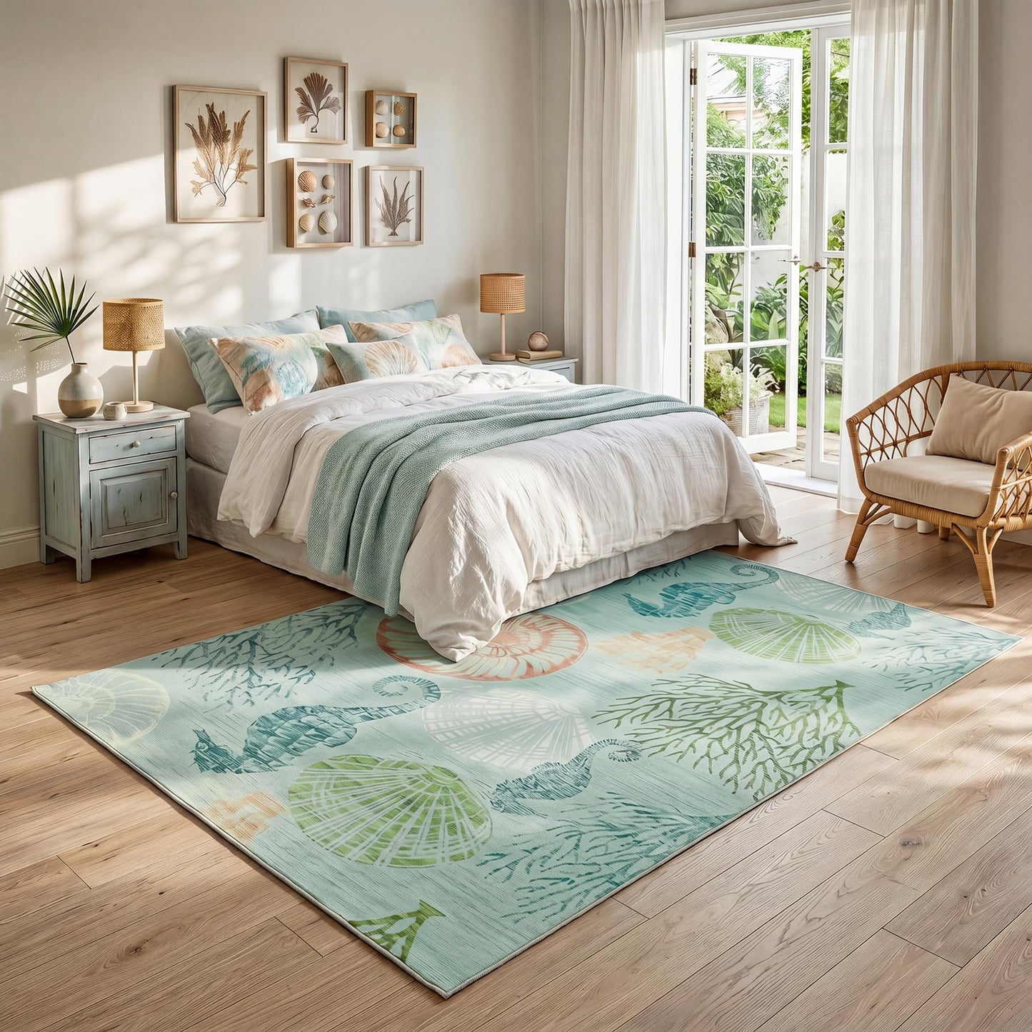 Tribesigns Boho Coastal 8x10 Area Rugs for Living Room, Soft Large Washable Bedroom Rugs 8x10, Indoor Dining Room Printed Carpet for Ocean Beach Nursery Dorm Office Decor, Green/Coral