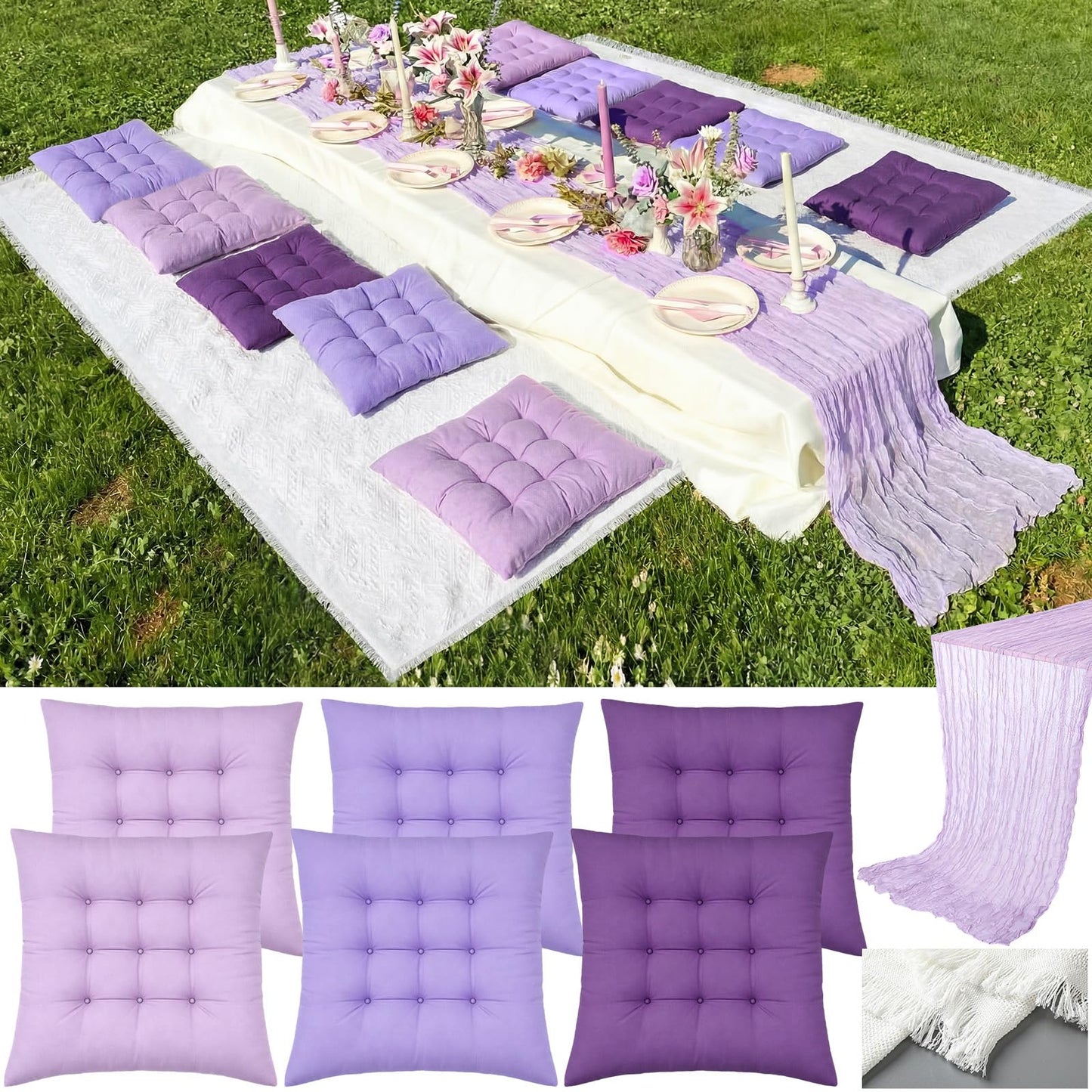 Hillsuren 8 Pcs Fit for 6 People 91 x 71'' Extra Large Outdoor Picnic Blanket with Purple Table Runner and Floor Pillow Cushion Fit for 6 People Picnic Wedding Birthday Baby Shower Backyard Decor