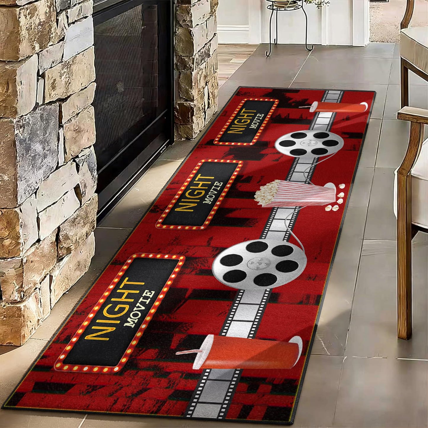 Puyosvr Film Area Rugs,2x7ft,Home Theater Movie Night Floor Mat Non-Slip Rug,Cinema Popcorn Design,Cinema Sign Carpet, Suitable for Living Room, Kitchen Hallway,Party