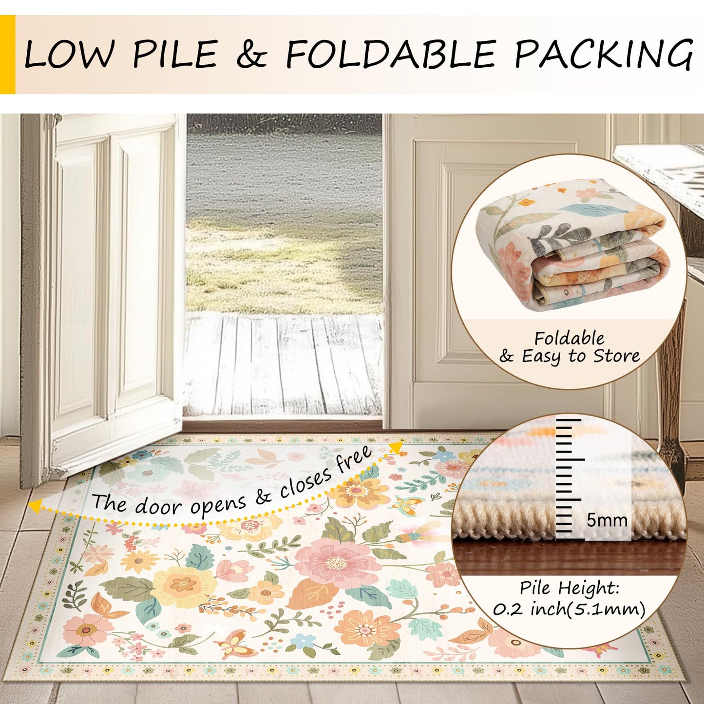 RELEANY Floral 5x7 Area Rugs Washable Print Boho Cute Carpet Non Slip Flower Low Pile for Living Room Bedroom Kitchen Office Farmhouse-Beige/White/Orange