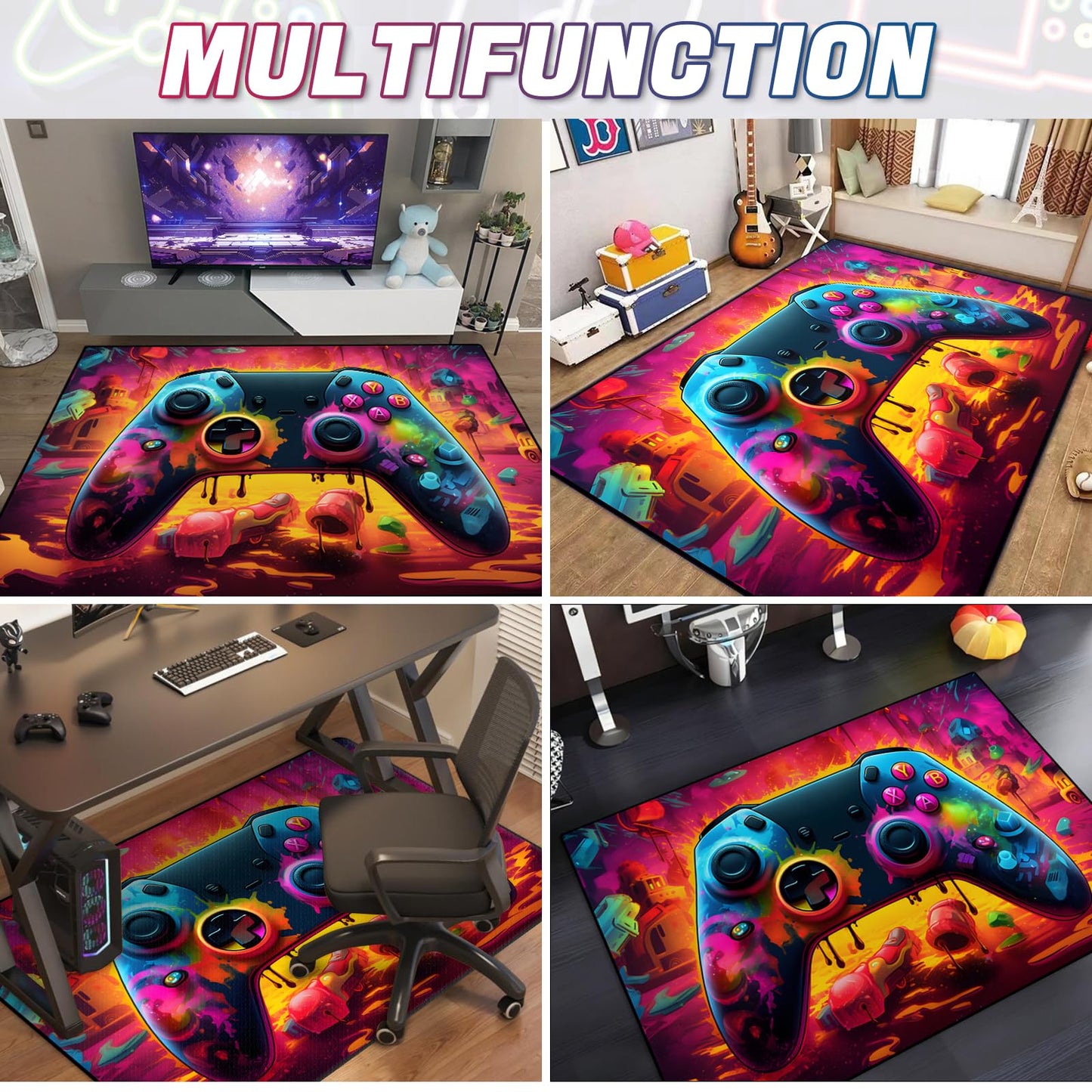 Gaming Area Rug Teen Boys Carpet, Lava Design Gamepad and Colorful Bomb Background Game Controller Design for Game Room, Gaming Room, Boys Girls Bedroom Playroom, Living Room (60"x40" - 150x100cm)