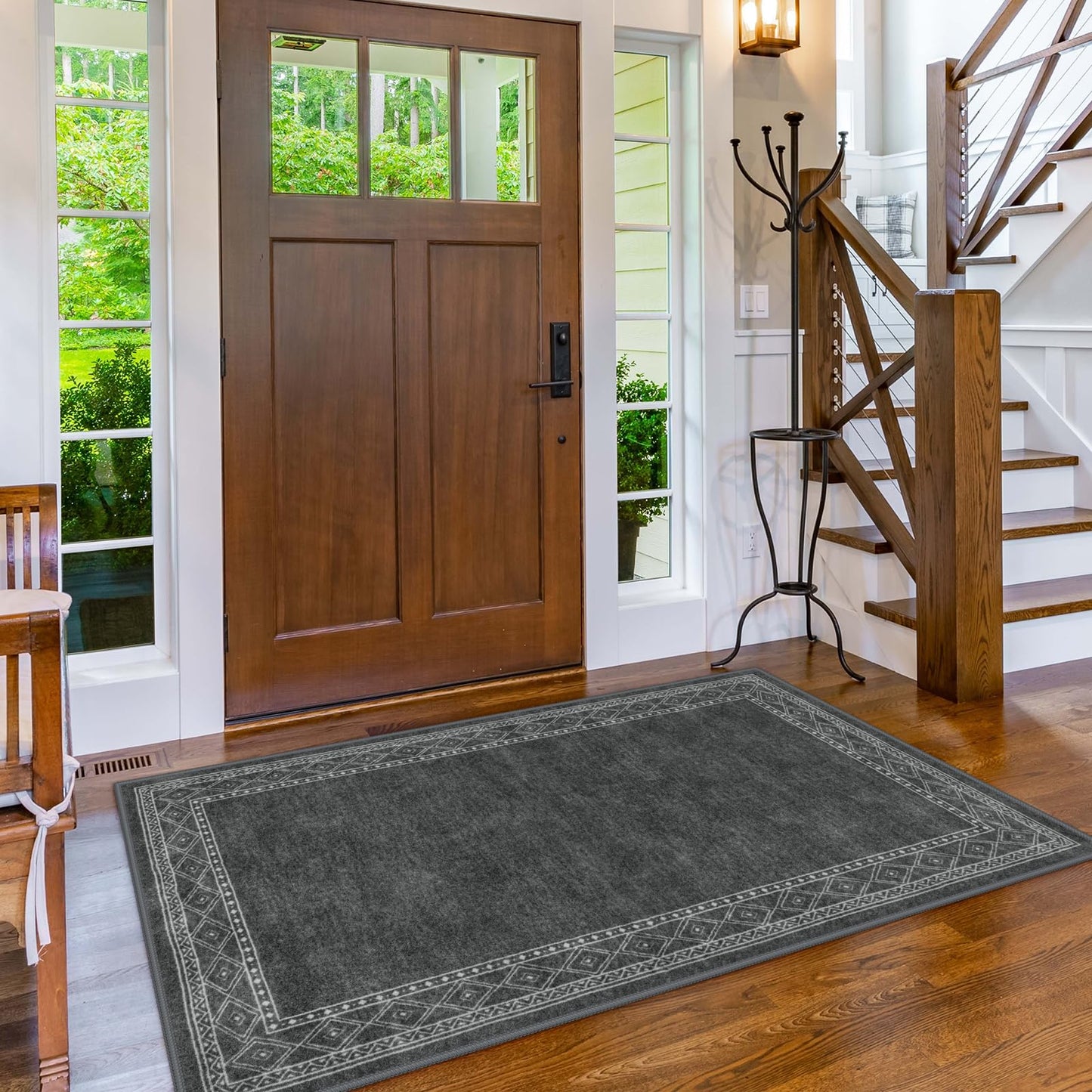 Lahome Modern Bordered Machine Washable Rug, Ultra-Thin Soft 3x5 Rugs for Bedroom Entryway Living Room, Non-Slip Stain Resistant Small Carpet for Laundry Entry（3'x 5',Gray