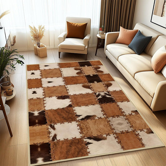 Cowhide Rug for Living Room Cow Print Area Rug 5x7 Western Rugs for Bedroom,Ultra-Thin Washable Throw Carpet Vintage Carpets Runner Indoor Non Slip Accent Floor Mats for Dining Room,Playroom,Brown