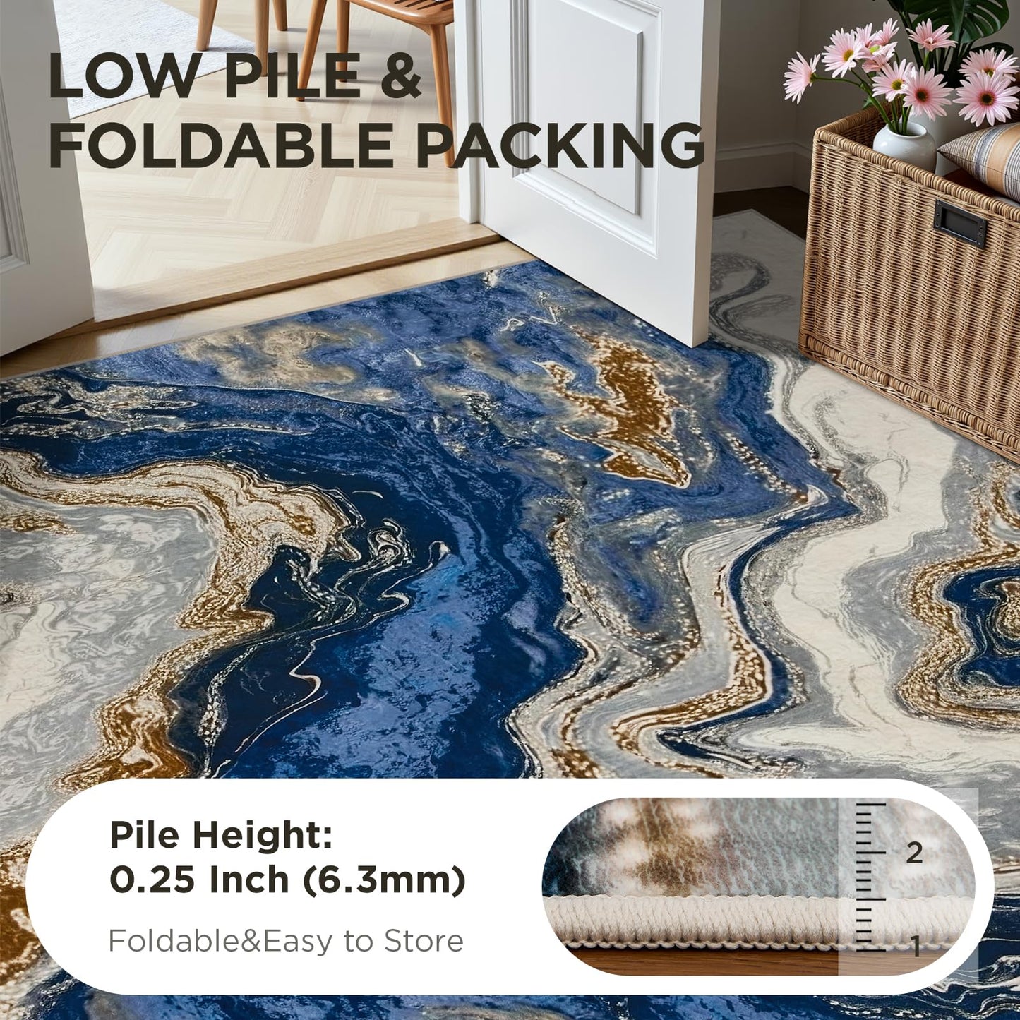 Joydeco Marble Swirl 2x6 Abstract Hallway Runner Rug, White&Blue&Gold