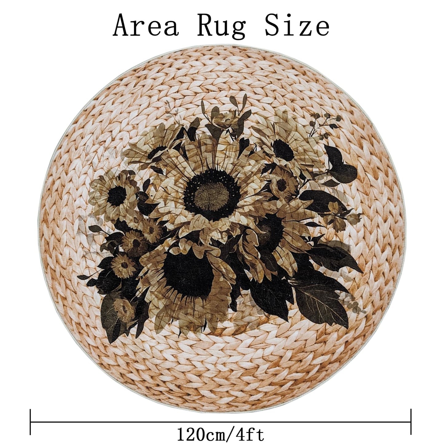 Lacomfy Boho Floral Rug 4Ft Round Sunflowers Carpet Mat for Girls Bedroom Farmhouse Living Room Dining Room, Circle, Dark Flowers, Rattan Pattern Printed, Retro, Washable, Indoor (Not Natural)