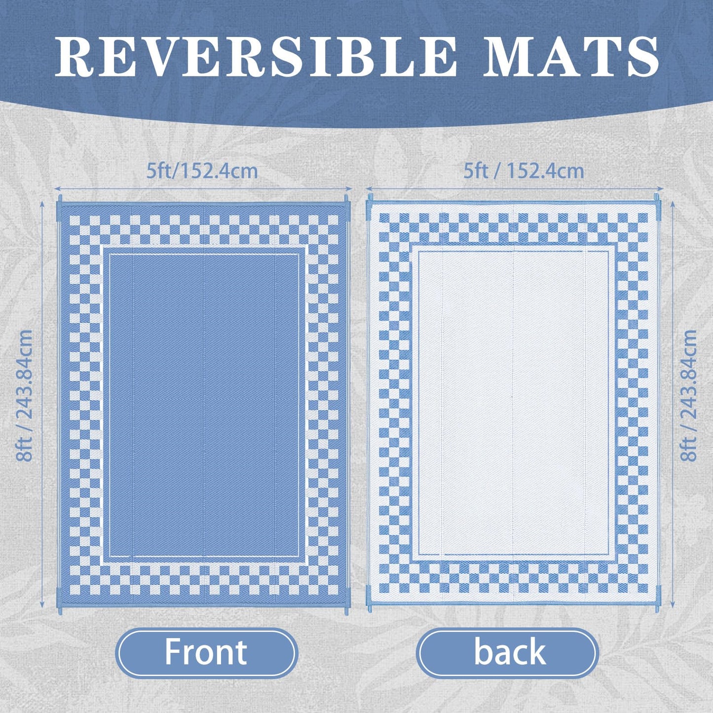 Dunzy Checkered Outdoor Patio Rug, 5 x 8 ft Non-Slip Plastic Straw Checkered Carpet Indoor Outdoor Area Mat for Outside Rv Camping Deck Pool Beach Porch Backyard(Light Blue, Cream White)