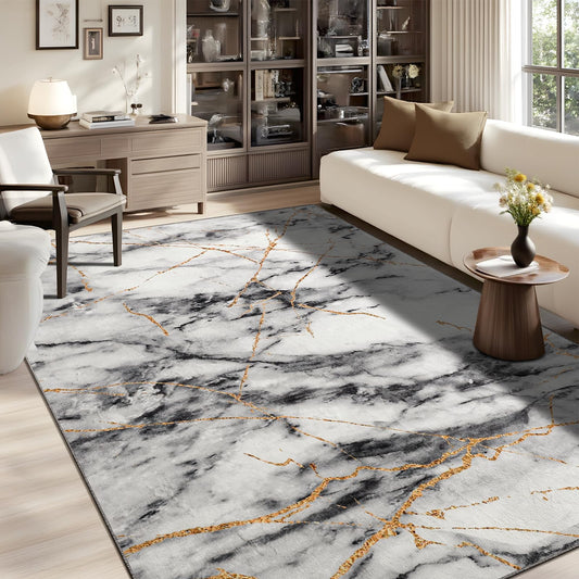 CRYPTOLITE Abstract Area Rug Washable Rug with Non-Slip Backing Low Pile Area Rugs for Living Room,Bedroom,Dining Room,4x6, Gold&Grey