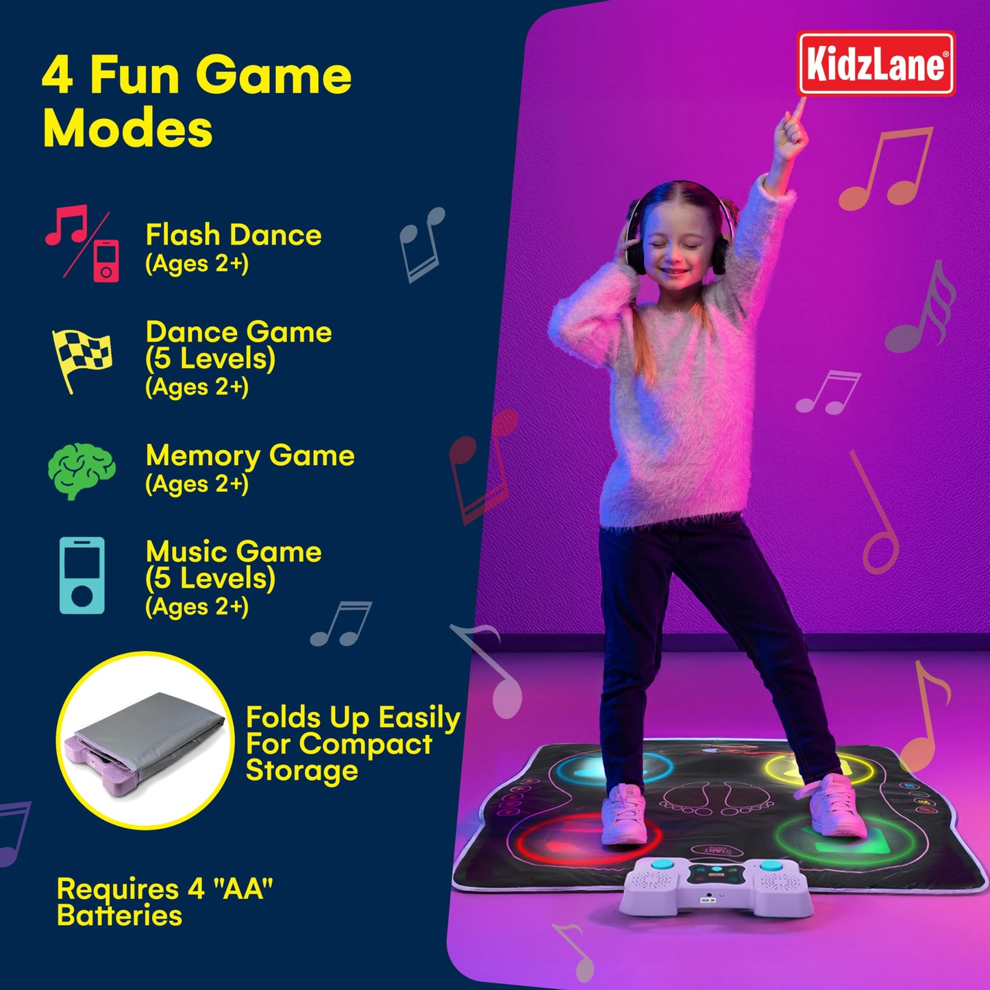 Kidzlane Electronic Dance Mat for Kids 8-12, Wireless Kids' Dance Pad with Bluetooth/AUX, Built-in Music, 5 Challenge Levels, 4 Modes - Interactive Toys for Children, Ages 6 and Up