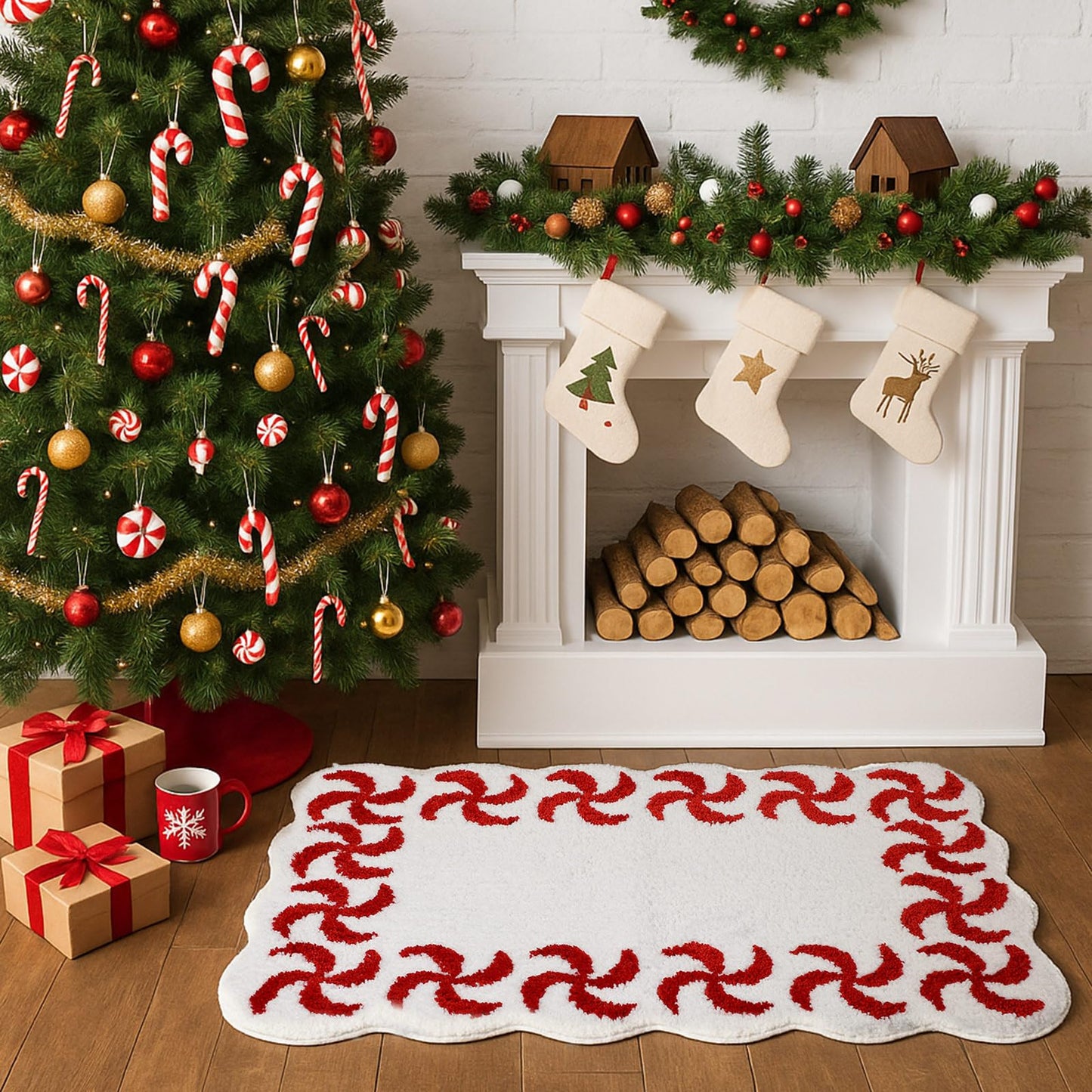 WILLBOND Scalloped Candy Christmas Bathroom Rug Peppermint Swirl Bath 32 x 20 Inch Nonslip Rug Flocking Christmas Bathroom Decor Soft Washable Shower Floor Mat for Tub Bedroom Holiday Home Decor
