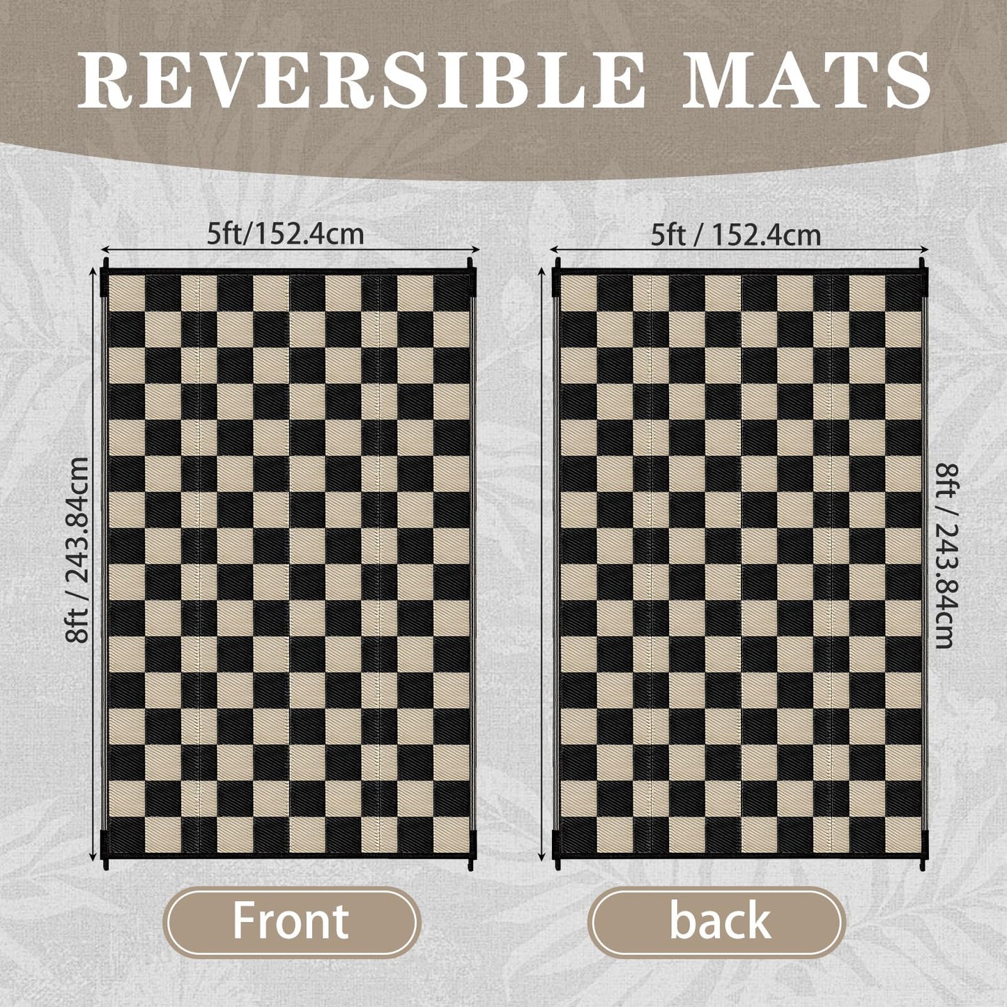 Klyyo Clyro Black Beige Checkerboard Outdoor Rug 5 x 8 ft Checkered Plastic Straw Camping Mat Foldable Reversible Patio Carpet for Rv Deck Camper Porch Backyard Picnic Beach Outdoor Garden