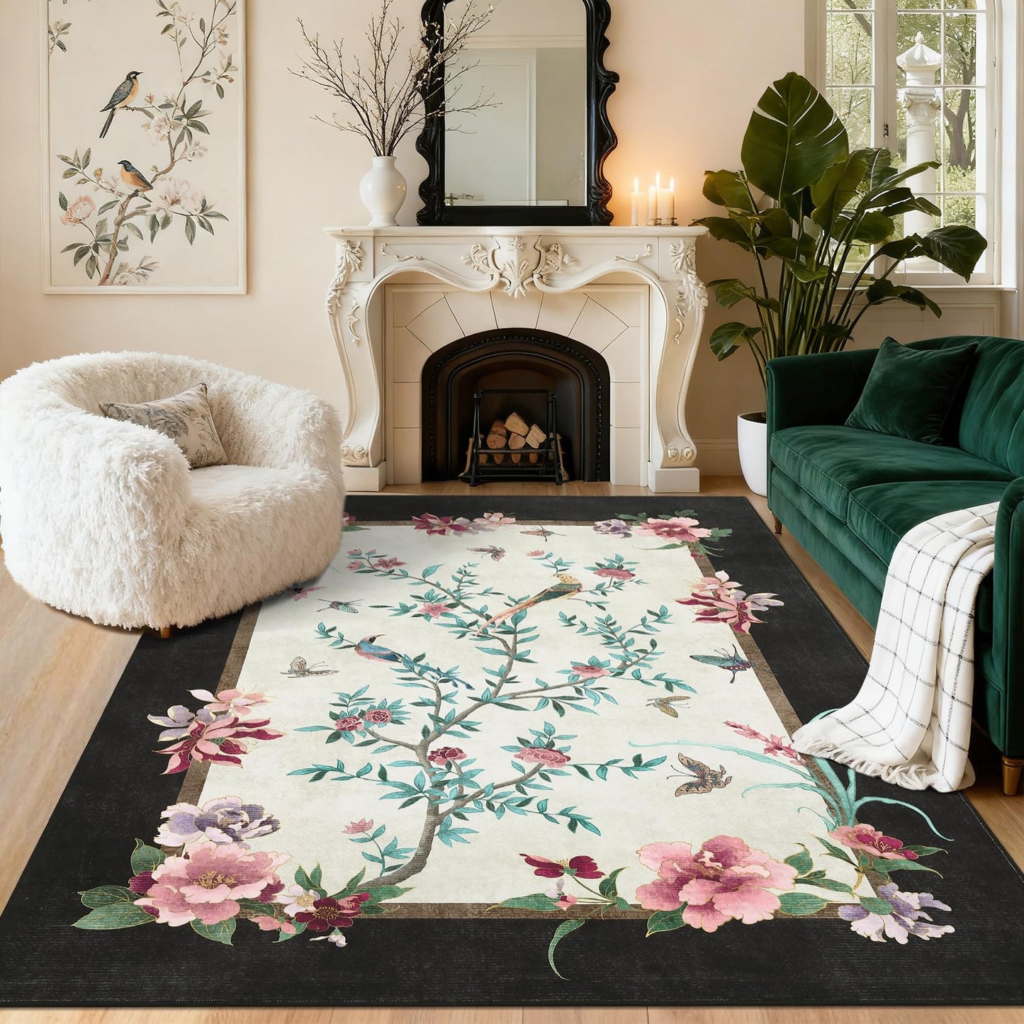 GarveeHome 5x7 Area Rugs Chinoiserie-Style Washable Rugs 5x7 Oriental Colorful Butterfly Birds Floral Rug Non Slip Low Pile for Kids Living Room Bedroom Nursery Dining, Black