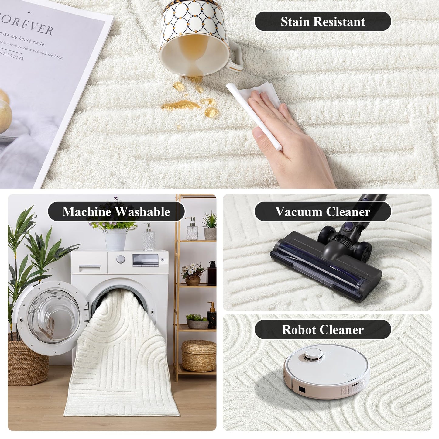 SHACOS Soft Cozy Fluffy Arch Pattern High Low Pile Runner Rugs 2'x6' Non Slip Washable Scandinavian Minimalist Rug Modern Geometric Arc Carpet for Living Room Bedroom Bathroom, Cream White