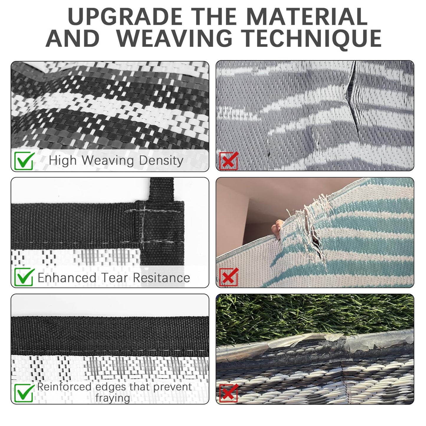 KANAGAWA Outdoor Rug Waterproof, 8x10 ft Reversible Plastic Straw Braid Rug Outdoor Carpet RV Mat for Patio, Porch, Picnic, Balcony, Deck, Backyard, Grey & White