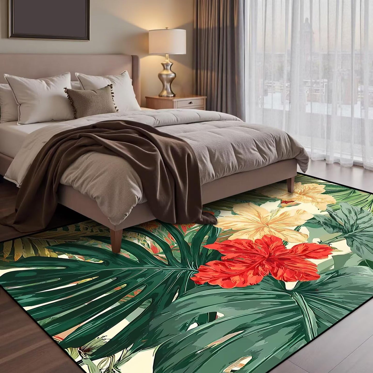 DJNEAR 5' x 7' Tropical Hawaiian Plant Area Rug Palm Leaf Hibiscus Living Room Carpet Nature Forest Floor Mat Doormat for Kids Dining Room Bedroom Playroom Laundry Nursery