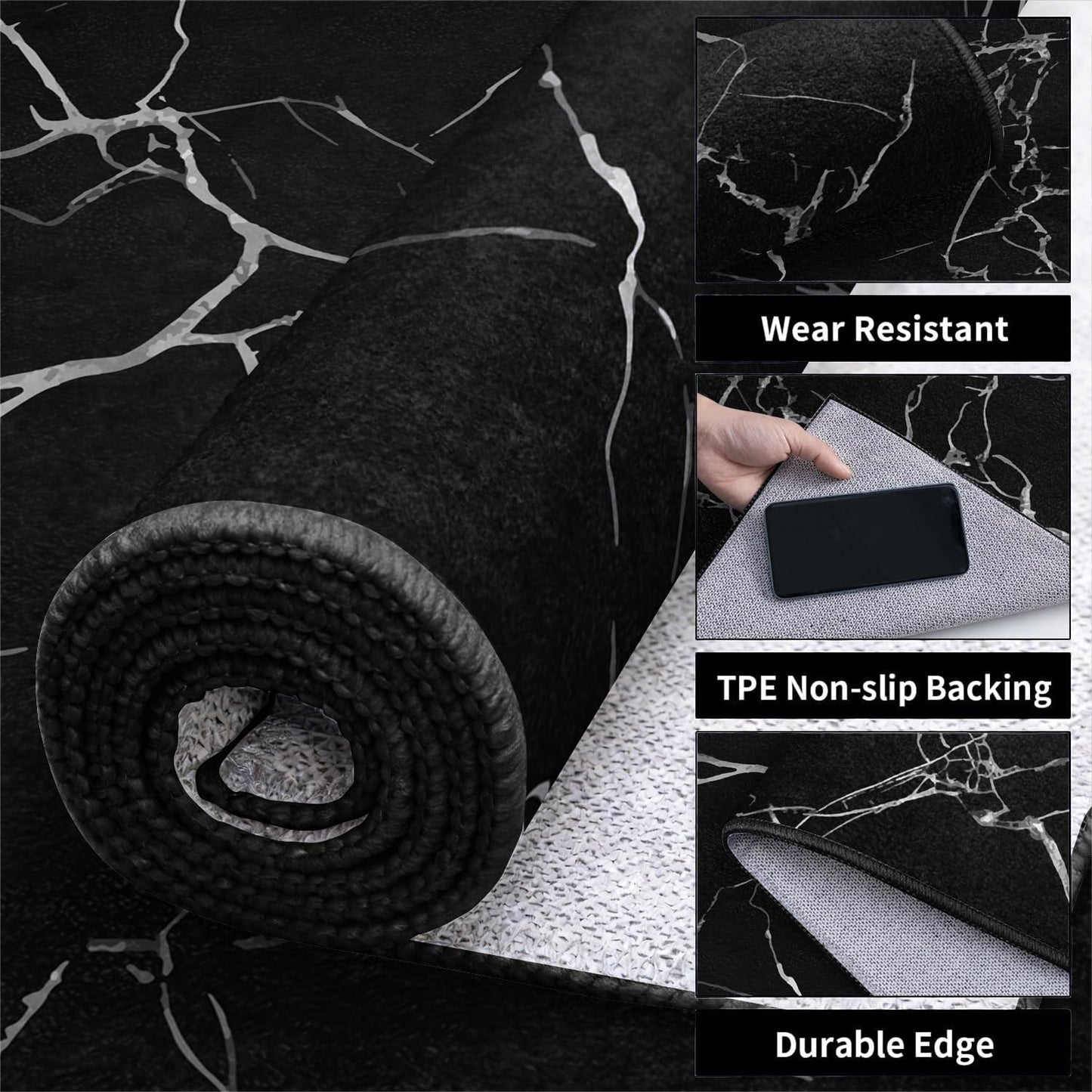 RSJLFHE 2x3ft Area Rug for Living Room, Modern Minimalist Black White Marble Washable Rug, Non Slip Low Pile Stain Resistant Soft Indoor Carpet for Bedroom Dining Room Office Home Decor