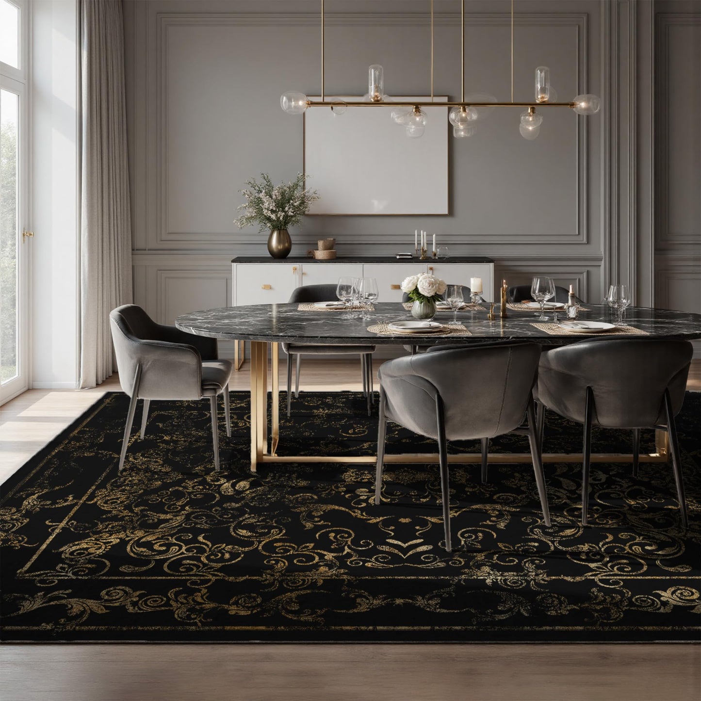 Dark Baroque Gold & Black Area Rug 8x10 - Intricate Filigree Carpet with Symmetrical Scrolls & Ornate Borders, Luxurious Machine Washable Non-Slip Rug for Living Room, Bedroom.