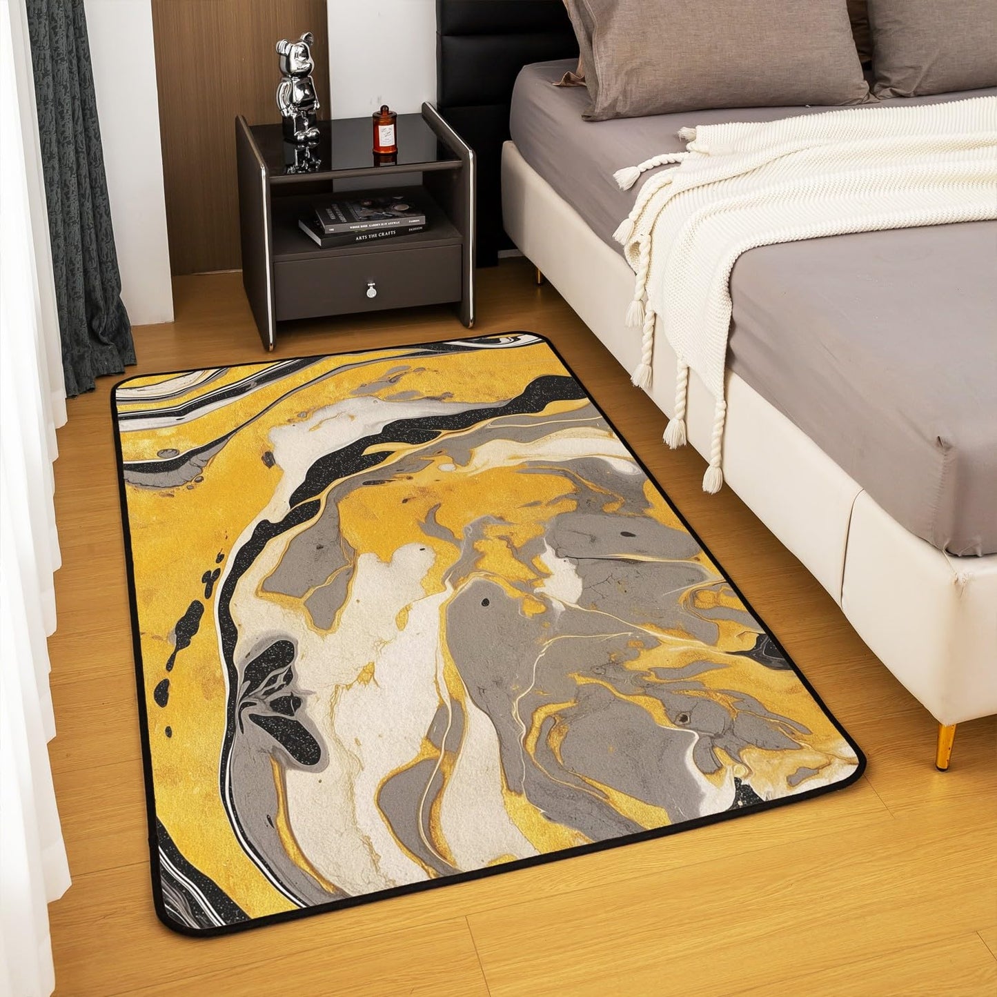 jejeloiu Black Gold Area Rug 3x5 Kids Yellow Black Marble Living Room Rugs for Bedroom Abstract Geometric Indoor Floor Mat Polyester Room Decor