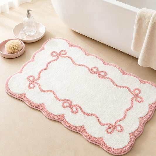 Softania Pink Scalloped Bow Bathroom Rug - 20x32 Inch Cute Coquette & Preppy Bath Mat for Apartment, Vanity & Dorm, Soft Plush Microfiber Mat, Non-Slip & Washable