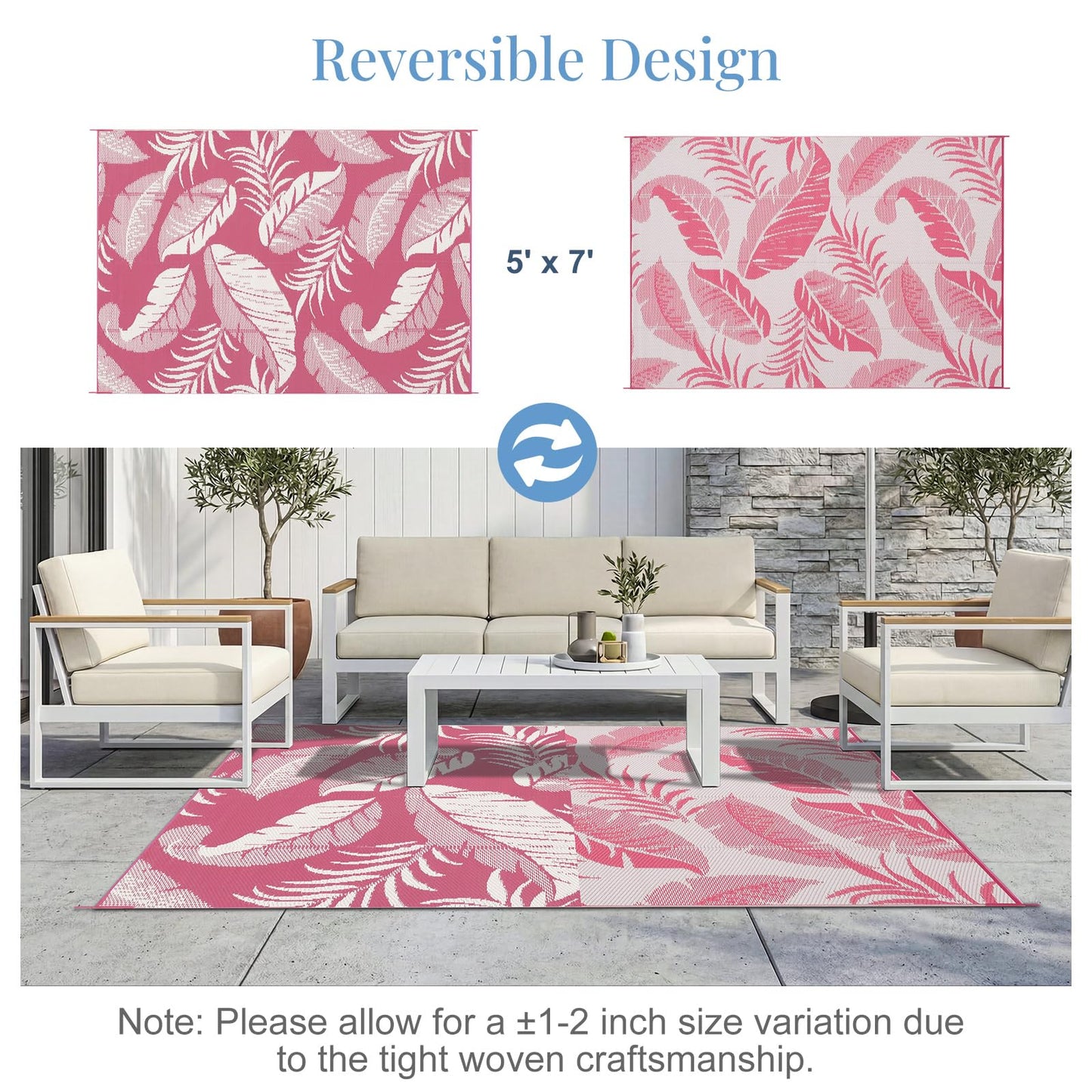 OPPODREAM Reversible Outdoor Rug 5x7, Waterproof Outdoor Plastic Straw Rug for Patio, Tropical Leaf RV Camping Rugs for Outside, Deck, Balcony, Porch, Backyard, Camping, Rv, Pink and White
