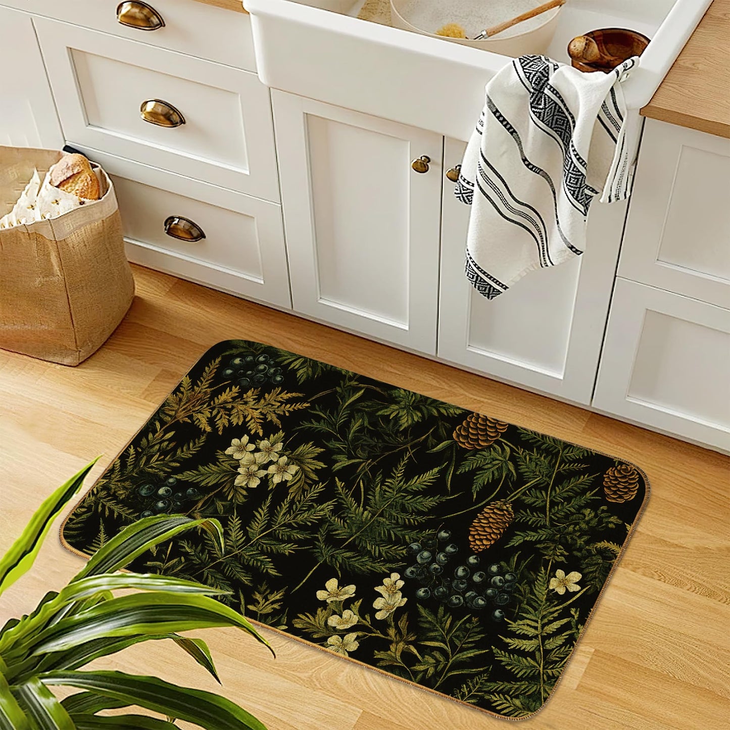 Dark Green Herb Plants Indoor Outdoor Door Mat,Wildflowers Front Floor Mat Non-Slip Absorbent Low-Profile Washable Inside Entrance,Linen Sturdy Soft Entry Doormat for Entryway