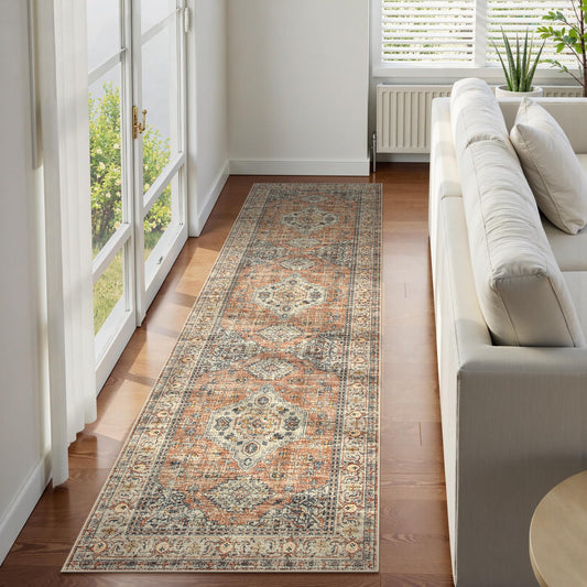 Lahome Oriental Washable Runner Rug Non Slip, 2x7 Rug Runners for Hallways Non Slip Vintage Ultra-Thin Soft Long Carpet for Kitchen Laundry Room Bedroom Eleanor, Peach/Orange