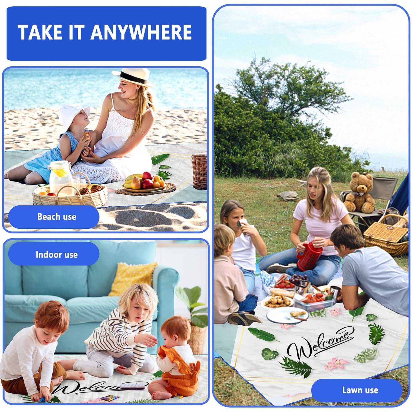 DanCoom Picnic Blanket, Foldable Waterproof Sand Mat, Extra Large Picnic Blanket Outdoor Picnic Mat Beach Blanket for Park Grass Camping Hiking Travel Family Concerts