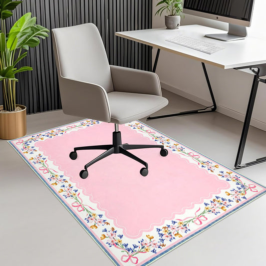 yueyaer Office Chair Mat for Hardwood/Tile Floor, 36"x48"Desk Chair Mat for Rolling, Non Slip Under TPR Backing Low-Pile Rug(Pink Bow Flower EA)