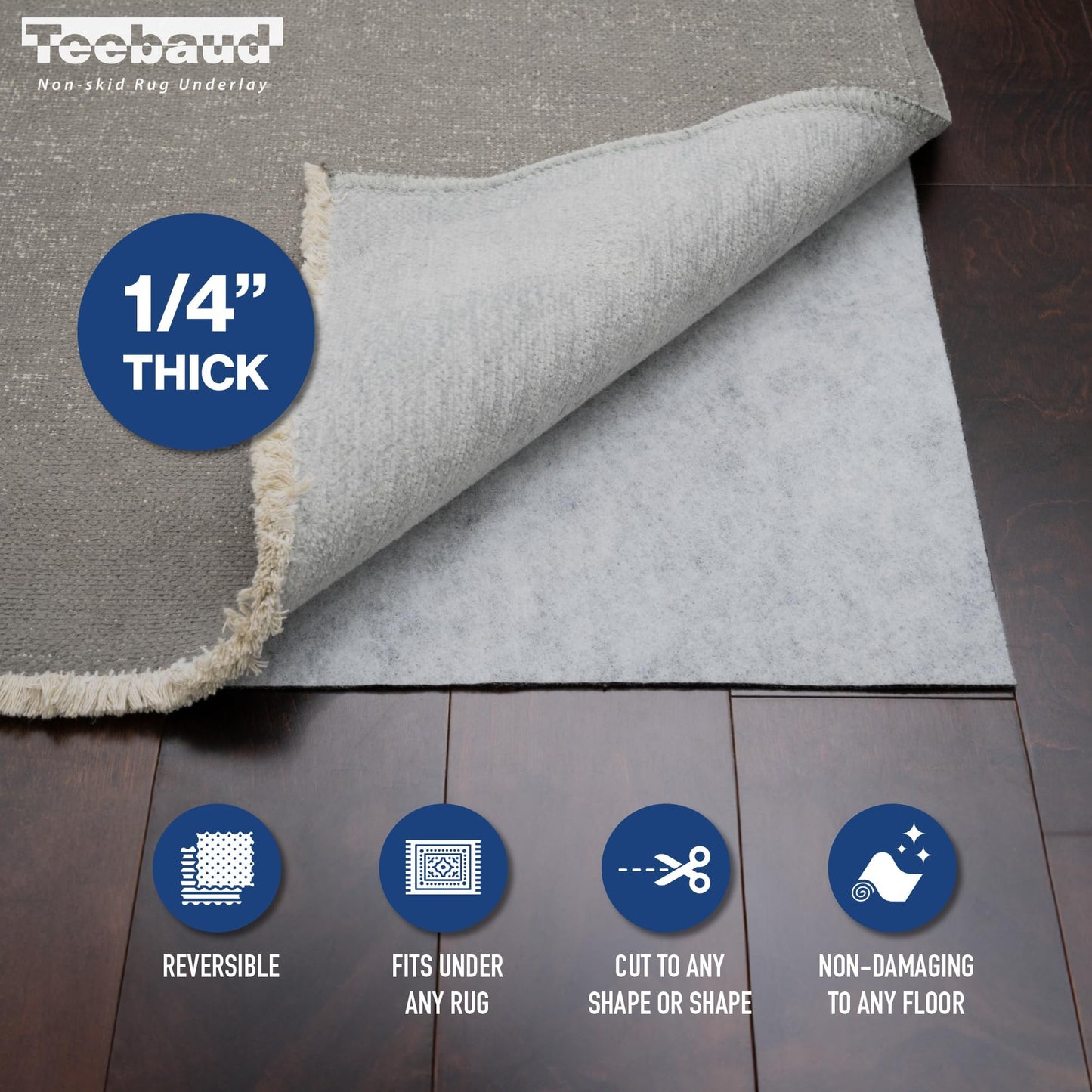 Teebaud 3' x 5' Non-Slip Rug Pad, Reversible Gripper, Non Skid Pads for Hardwood, Vinyl, Tile, Laminate Floors, Keep Area Rugs Secure, Natural Materials Safe for Indoor Flooring, ¼” Thick