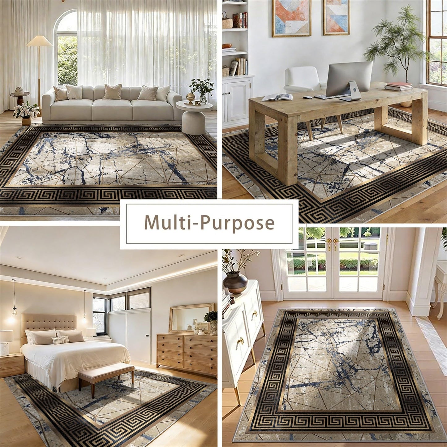Greek Key Marble Area Rug 5x7ft, Gold Black Grey Blue Geometric Low Pile Carpet, Non-Slip Washable Stain Resistant Floor Mat, Modern Glam Abstract Border Design for Living Room, Bedroom, Office