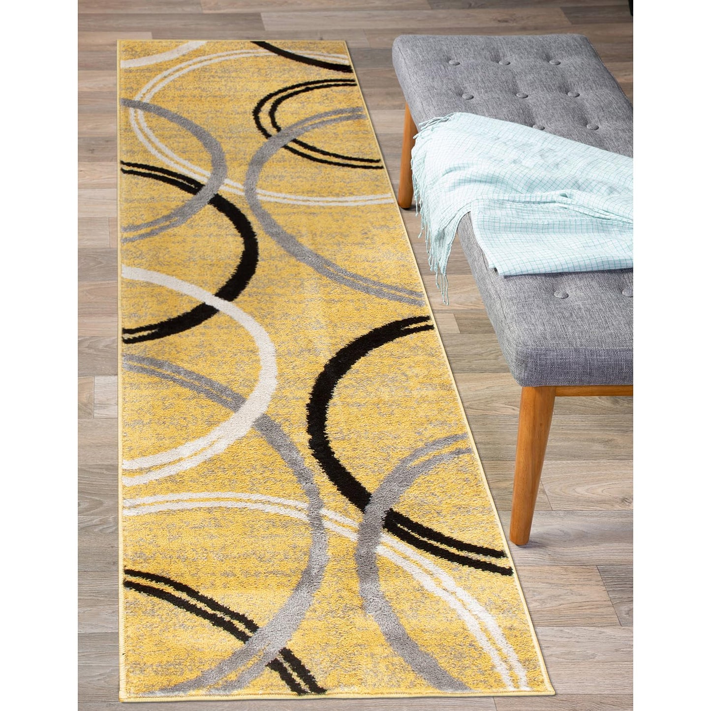 Rugshop Wavy Circles Design Runner Rug, Fade-Resistant Carpet for Hallway, Entryway, or Kitchen, Yellow, 2' x 7'2"
