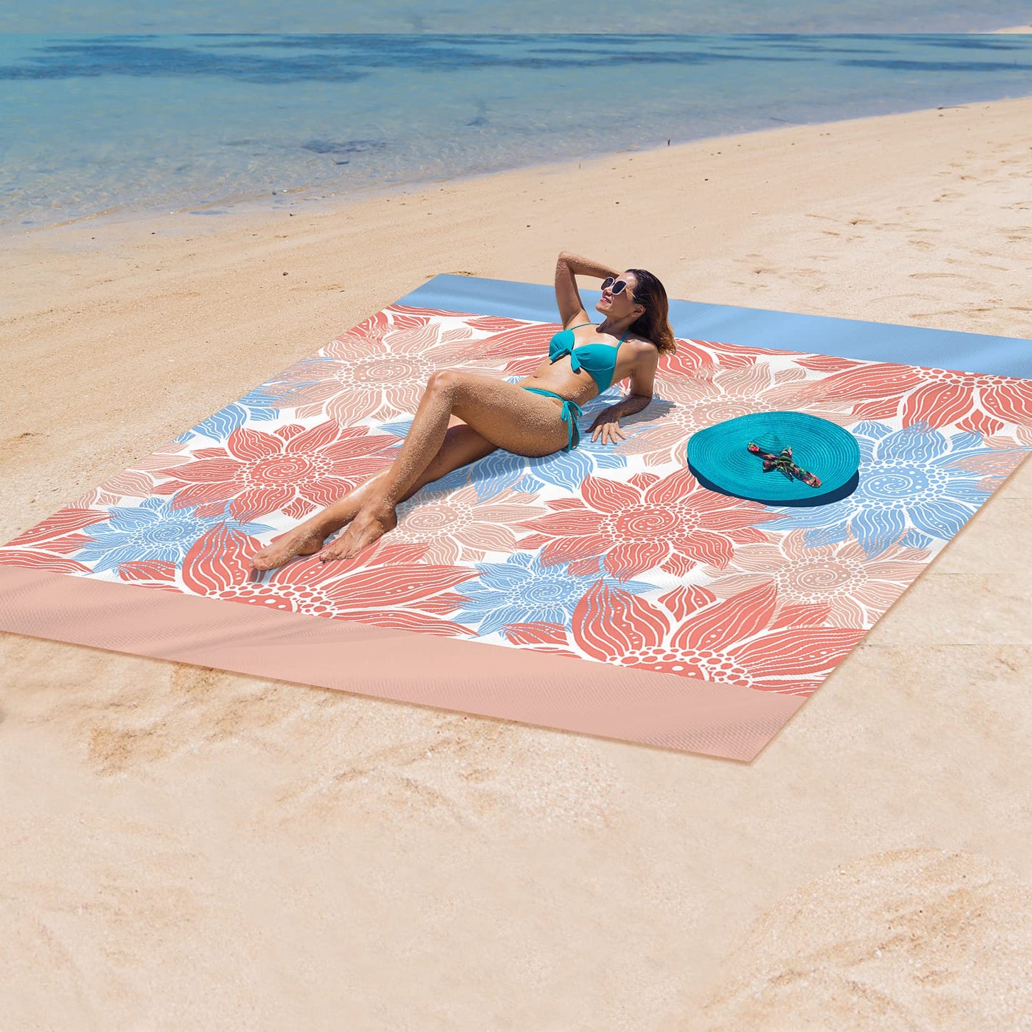WIWIGO Beach Blanket Sandproof Extra Large Beach Mat Adults Waterproof Quick Drying Sand Free Mat Made By Premium Polyester with 4 Stakes & 4 Corner Pockets for Outdoor Travel Camping Hiking