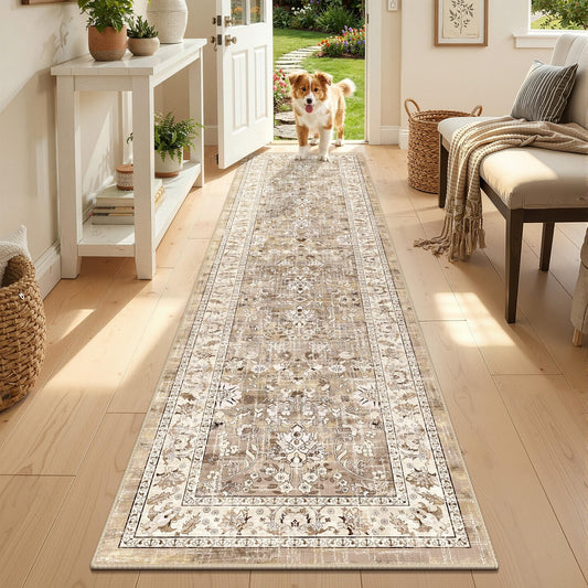 LOKHOM Washable Runner Rug, 2x8 Non-Slip Vintage Hallway Runner Rug with Rubber Backing, Boho Floral Soft Faux Wool Kitchen Rug Carpet Runner for Laundry Entryway Bedroom (Beige Brown)