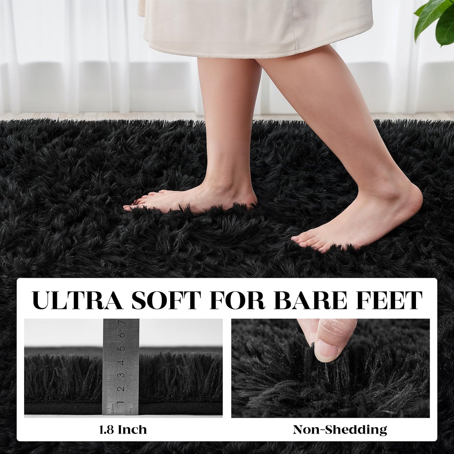 Area Rugs 9x12 Living Room Bedroom: Soft Fluffy Shag Rugs Upgrade Non-Slip High Pile Carpet Large Fuzzy Plush Indoor Floor Shaggy Carpets for Nursery Kid Playroom Office Dorms Home Decor Black