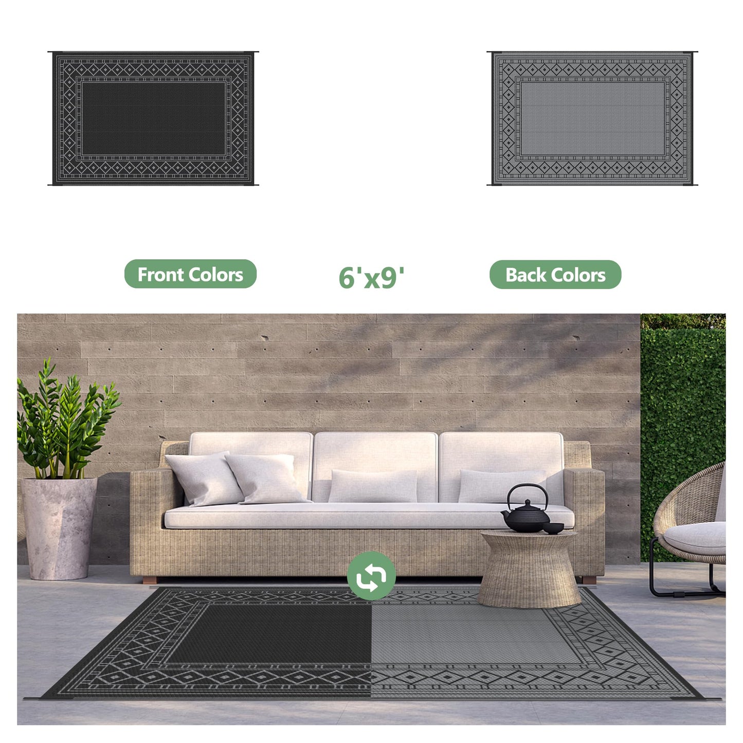 GENIMO Outdoor Rug Waterproof 6'x9' for Patio, Foldable Reversible Plastic Straw Carpet for Travel Trailers, Outside Area Mat for Rv, Deck, Picnic, Porch, Camper, Balcony, Beach, Black & Grey