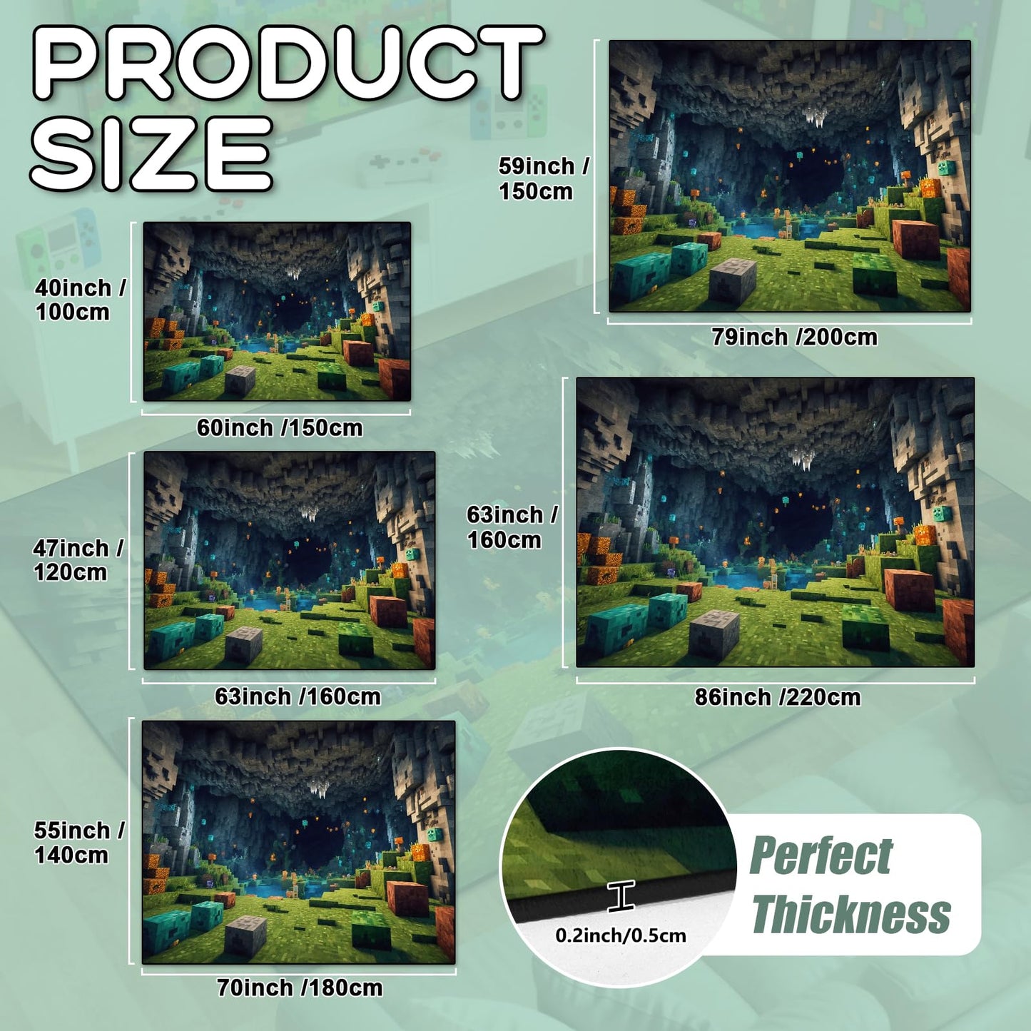 Block Game Rug Teen Kids Carpet, Pixel Games Scene Decoration Mat, Washable Game Rugs for Boy’s Bedroom Living Room Playroom, Non-Slip Children Gaming Area Rugs (Green Grass Karst Cave, 60" x 40")