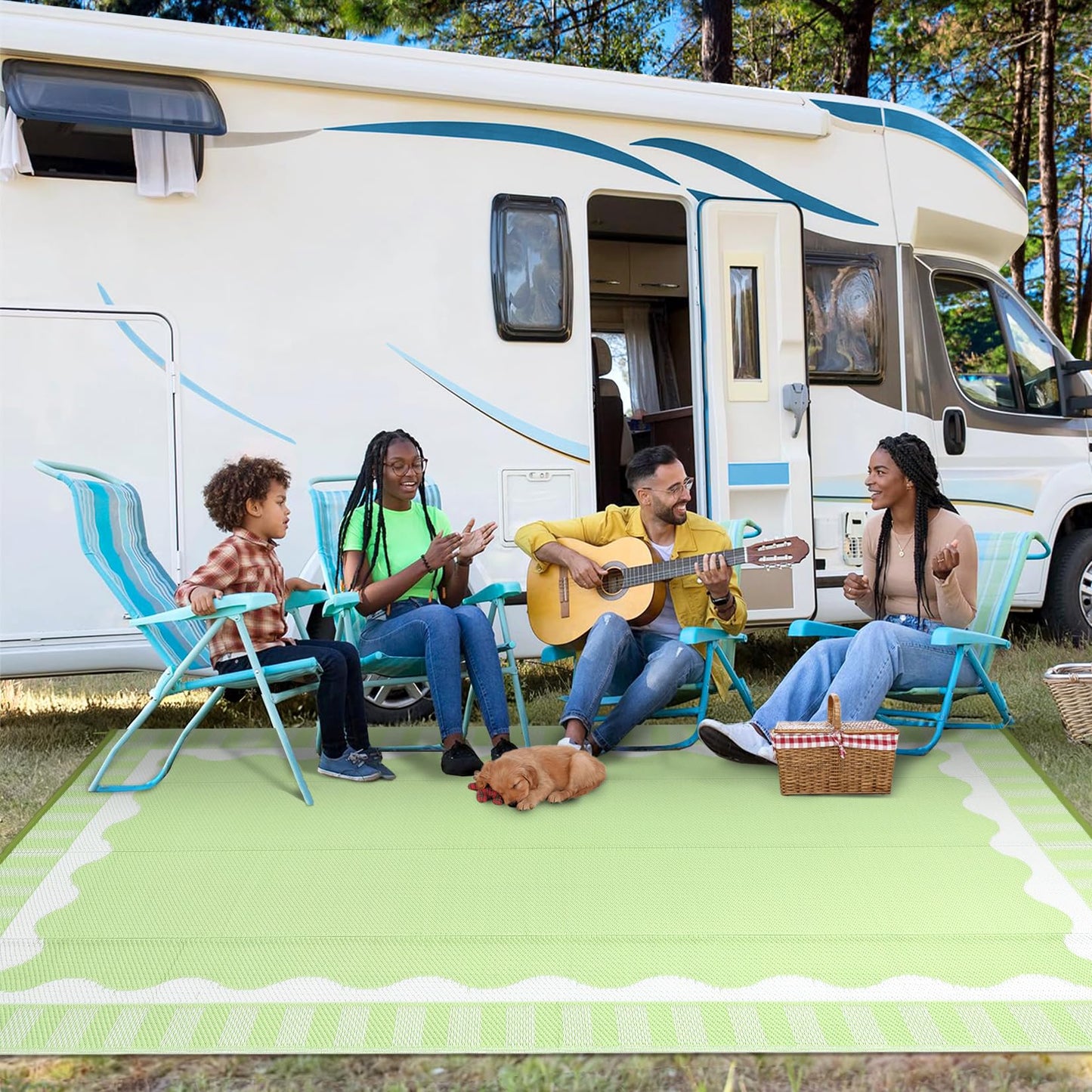 MilleLoom Outdoor Rug 9x12 Modern Scalloped Border Area Rugs for Indoor and Outdoor Patios and Porches - Waterproof, Washable, Non-Shedding, Easy-to-Clean Outside Carpet，Green/White