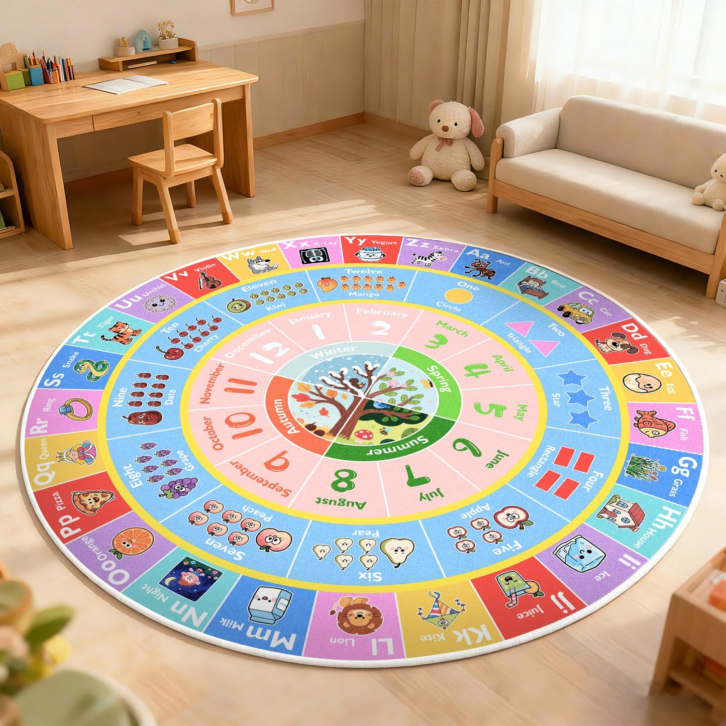 GRAMBET ABC Kids Rug for Playroom, 6ft Round Alphabet Small Classroom Rug, Non-Slip Washable Kids Play Mat, Educational Area Rug for Daycare Preschool Bedroom to Learn Numbers Shapes Seasons