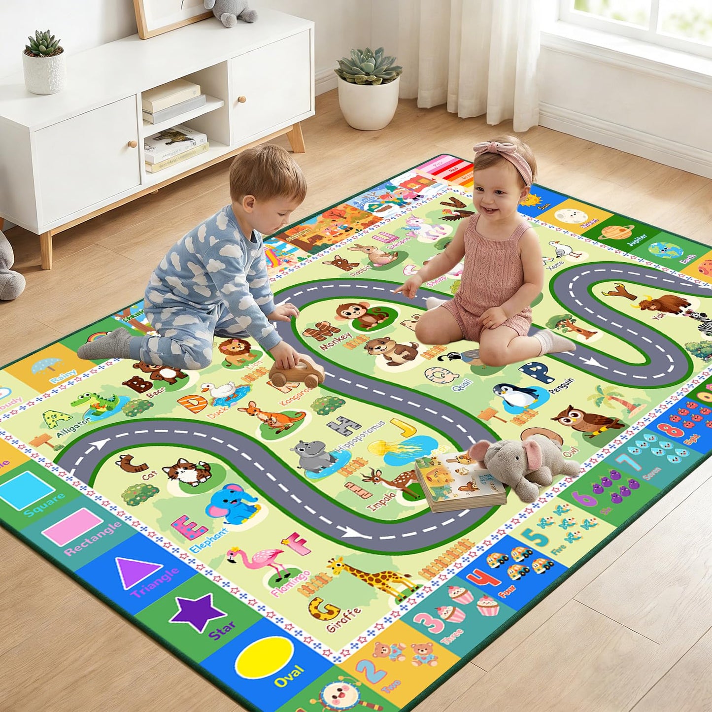 FJKJHKGJ ABC Rugs for Kids Playroom, 3x5 Feet Learning Rug for Kids Room with Car Track & Animals, Non-Slip Educational Floor Mat for Toddler Nursery Classroom, Green