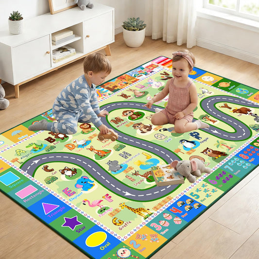 FJKJHKGJ ABC Rugs for Kids Playroom, 3x5 Feet Learning Rug for Kids Room with Car Track & Animals, Non-Slip Educational Floor Mat for Toddler Nursery Classroom, Green