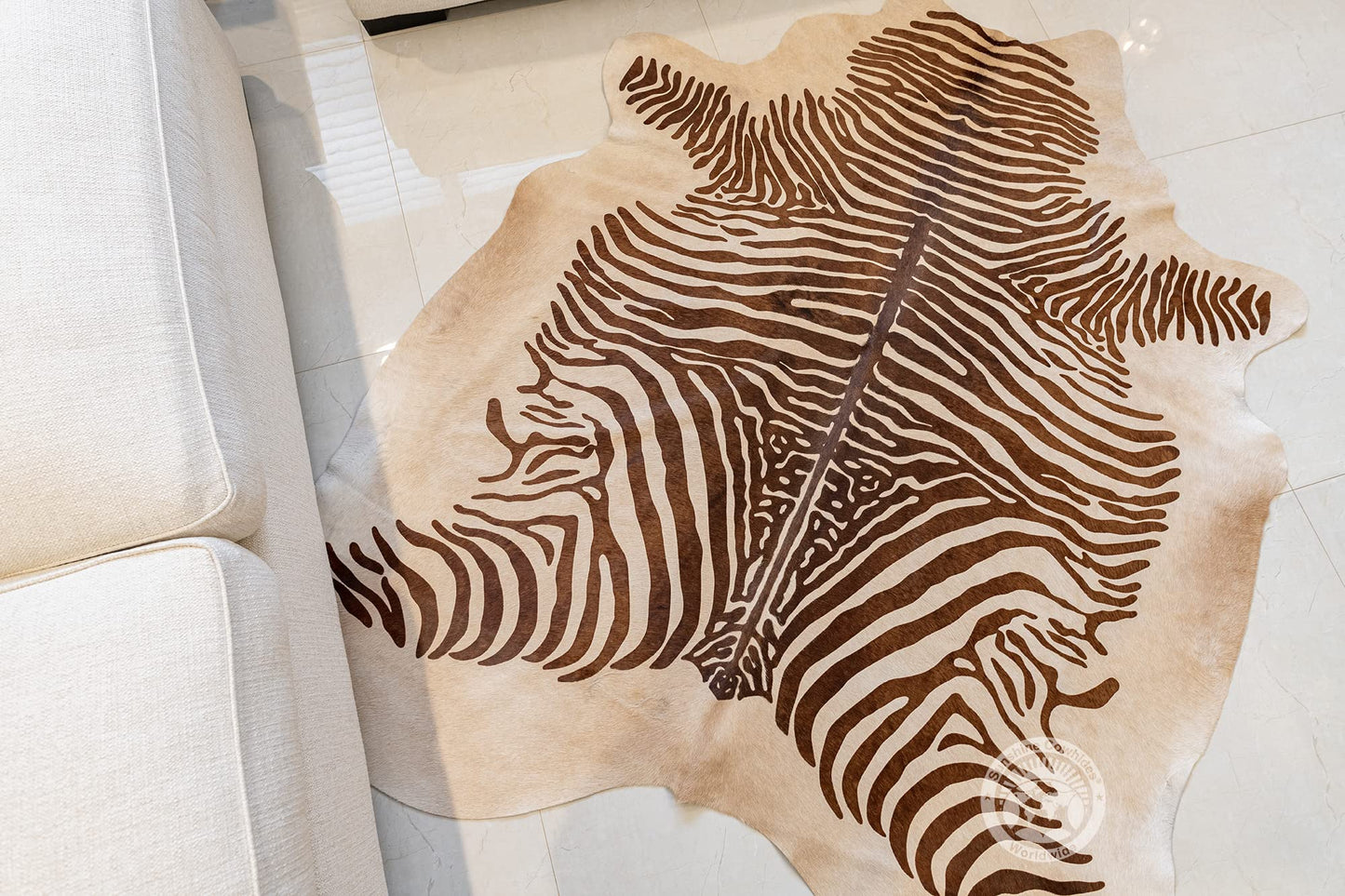 Sunshine Cowhides 100% Genuine Zebra Print Brown on Beige Cowhide Rug - Modern Style Animal Skin Rug & Floor Carpet for Living Room, Bedroom, Kitchen & More - Large (6x6-7ft)