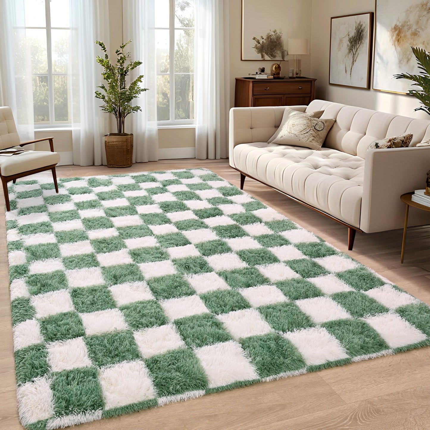 Nuttumico 4x6 Feet Sage Green White Checkered Rug, Fluffy Plaid Area Rug for Bedroom Living Room, Soft Shag Shaggy Carpet for Girls Room, Nursery Dorm, Non-Slip, High Pile