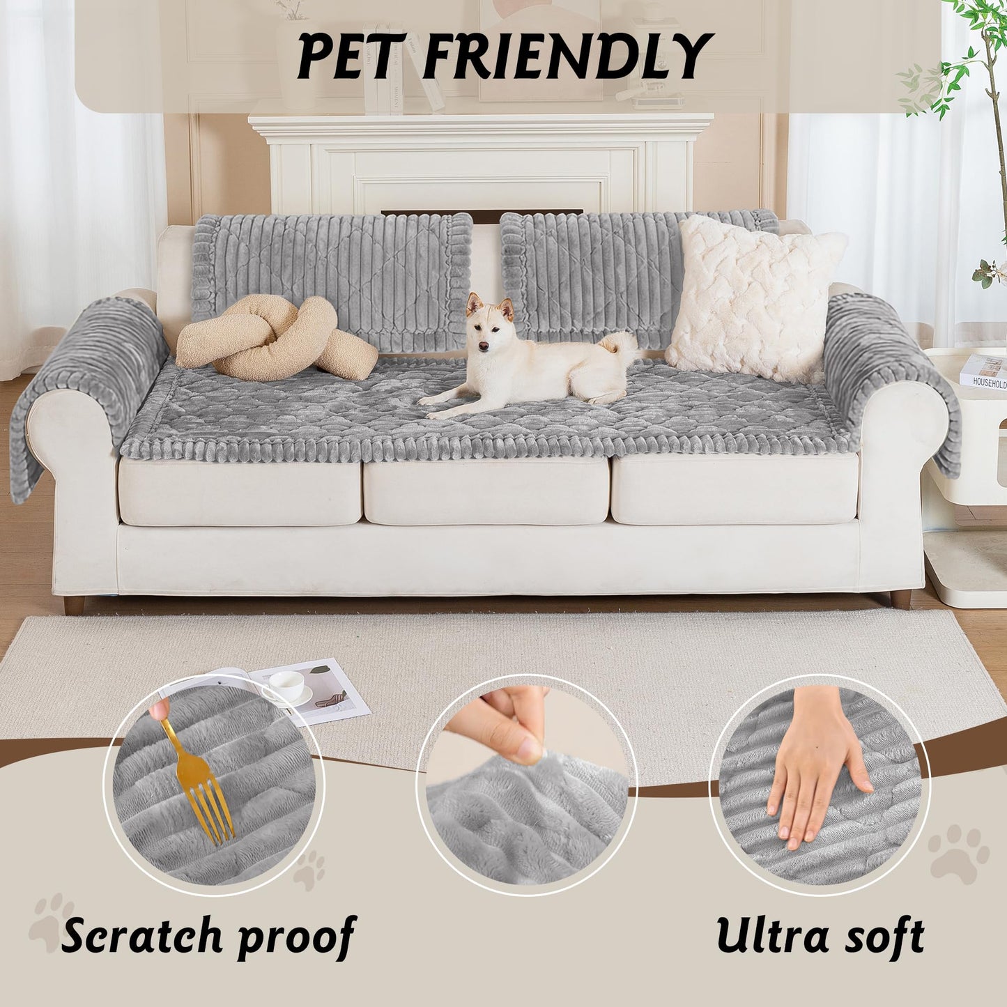 PuTian 100% Waterproof Fuzzy Couch Cover for Dogs Washable Non-Slip Couch Protector Pet Friendly Dog Mat for Couches and Sofas - 27.6''x59'' 70cmx150cm Light Grey