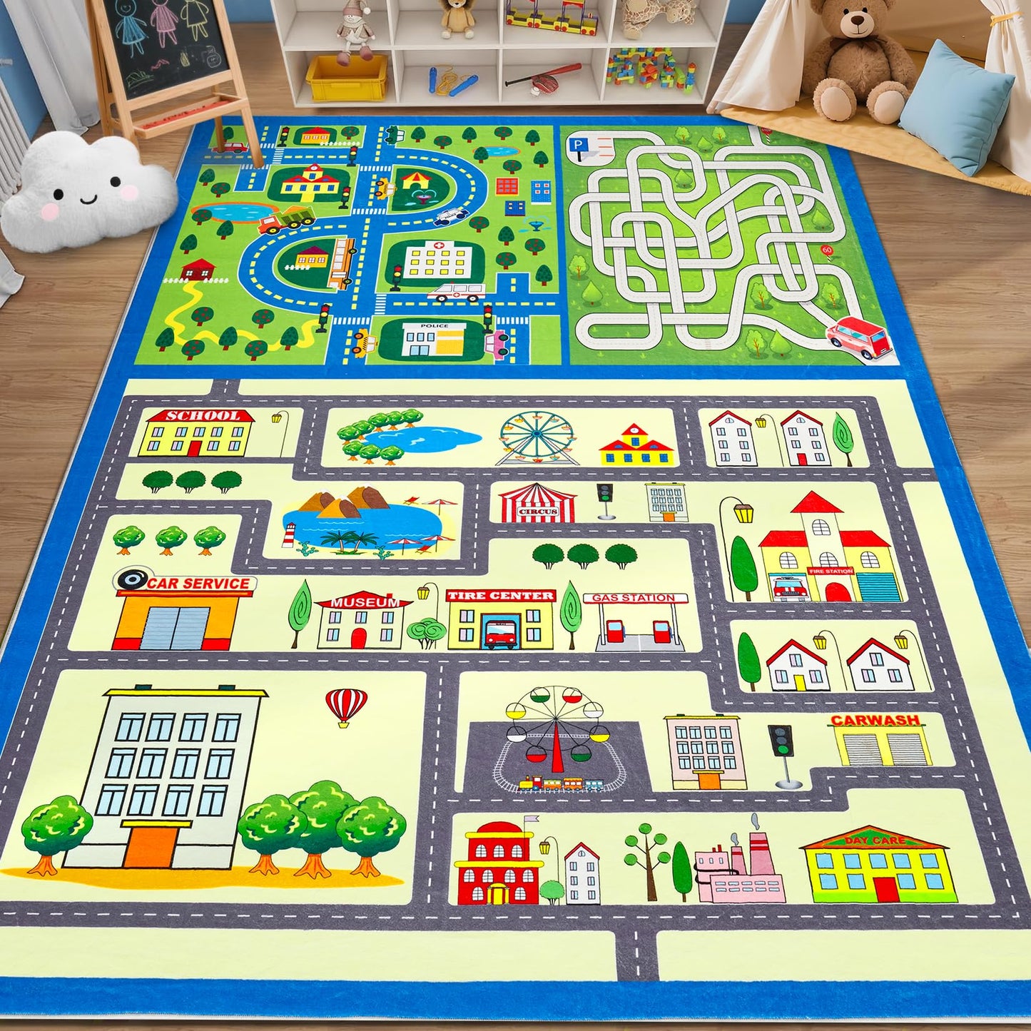 GarveeHome Washable Kids Rug 8x10 ft Kids Carpet Play Mat Car Play Rug, City Life Traffic Road Large Children Educational & Game Area Rug for Toddler Boys Girls Bedroom Playroom Classroom Nursery