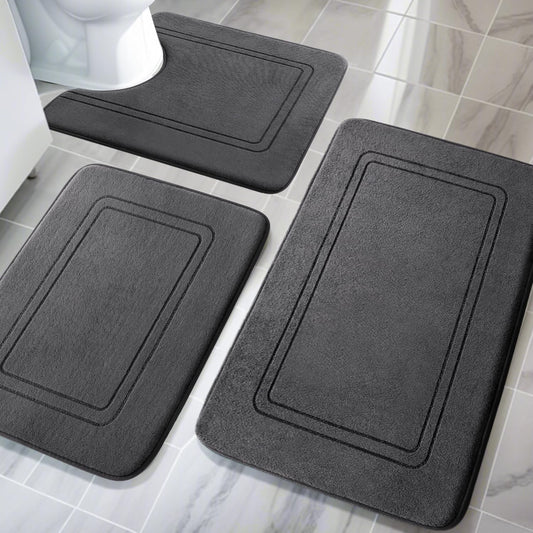 YIHOUSE Memory Foam Bath Mat Set, Non Slip Bath Mats for Bathroom, Super Soft and Water Absorbent Bath Rug Set, Machine Washable U Shape Toilet Mats, Dark Grey