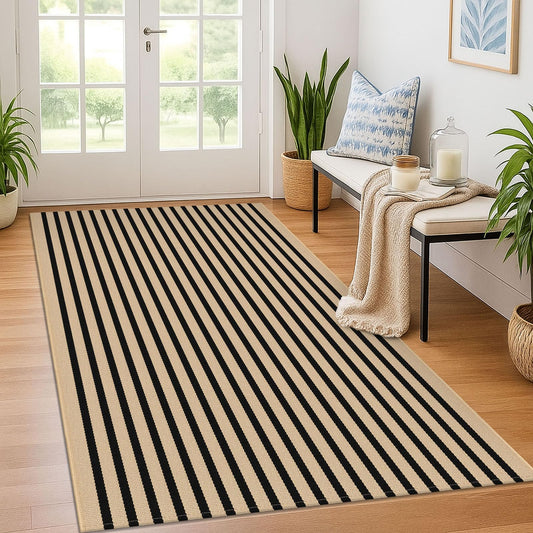 KOZYFLY Brown and Black Striped Rug 4x6 Ft Area Rug Washable Indoor Outdoor Rug Cotton Door Mat for Double Front Door Entryway Patio Porch Living Room Carpet